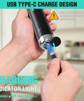 Close-up of Powerful Rechargeable Milk Frother Wand With Stand Handheld Electric Foam Maker being charged via Type C cable