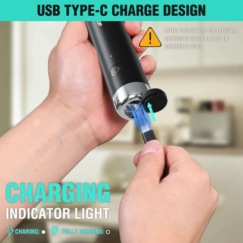 Close-up of Powerful Rechargeable Milk Frother Wand With Stand Handheld Electric Foam Maker being charged via Type C cable