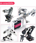 Wishiot RDS3218 20KG servo motor with full metal gears and 180° range mounted on a U-bracket, shown among robotic arms.