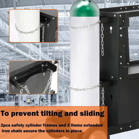 Beefy Heavy Duty Rolling Welder Cart With 360 Swivel Wheels showing cylinder secured with chains to prevent tilting