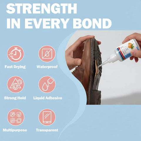 Super Strong Shoe Repair Glue 30g Quick Dry Waterproof Adhesive being applied to brown leather shoe for heavy duty bonding