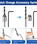 Quick Change Accessory System showcasing hex wrench use with Seven Piece Three Point Countersink Drill Bit Set Featuring Adjustable Depth Lock.