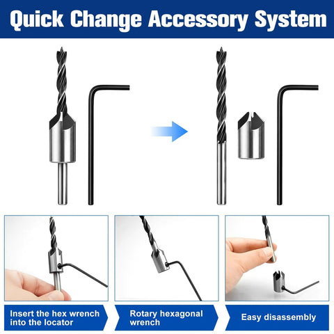 Quick Change Accessory System showcasing hex wrench use with Seven Piece Three Point Countersink Drill Bit Set Featuring Adjustable Depth Lock.
