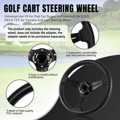 Sharp Universal Golf Cart Steering Wheel With Slick Beefy Grip And Crisp Black Center Stripe For Club Car Ds Precedent Ezgo Rvx Txt Yamaha Requires Chrome Adapter For Quick Install showing ergonomic grip and mounting details.