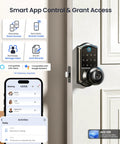 Zero Drama Fingerprint Keypad Smart Door Knob With Snappy Bluetooth Link And Solid Matte Black Housing For Pure Easy Keyless Entry Outside Your Front Door Every Single Day. Smart lock with app features displayed.