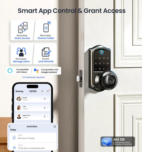 Zero Drama Fingerprint Keypad Smart Door Knob With Snappy Bluetooth Link And Solid Matte Black Housing For Pure Easy Keyless Entry Outside Your Front Door Every Single Day. Smart lock with app features displayed.