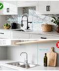 RNDIOZD Kitchen Faucet with Pull Down Sprayer, 2-Spout, Matte Black installed above sink with measurements shown.