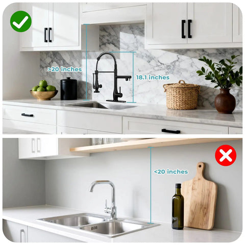 RNDIOZD Kitchen Faucet with Pull Down Sprayer, 2-Spout, Matte Black installed above sink with measurements shown.