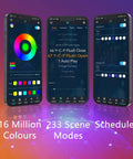App interface for Vivid RGB IC LED Strip Lights with color and schedule controls displayed on three smartphone screens.