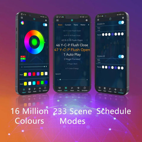App interface for Vivid RGB IC LED Strip Lights with color and schedule controls displayed on three smartphone screens.