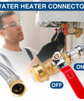 Heavy Duty 24 Inch Braided Stainless Steel Hot Water Heater Hose With FIP, Ball Valve, push-connect fittings installed by technician.