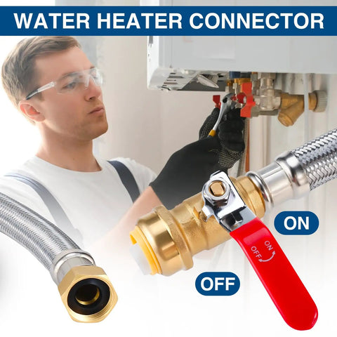 Heavy Duty 24 Inch Braided Stainless Steel Hot Water Heater Hose With FIP, Ball Valve, push-connect fittings installed by technician.