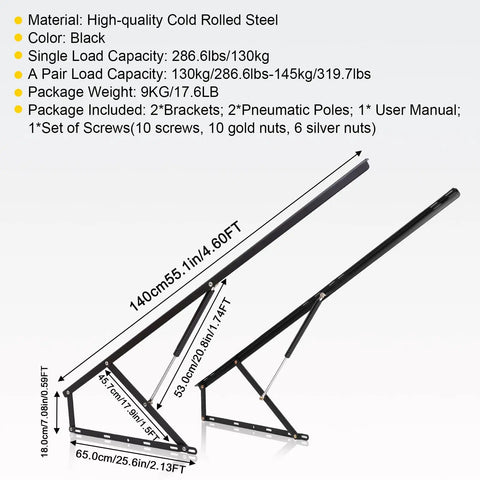 Super Heavy Duty Hydraulic Bed Lift Mechanism 4.6 Ft Gas Spring Platform in black, cold rolled steel, showing dimensions and load capacities.