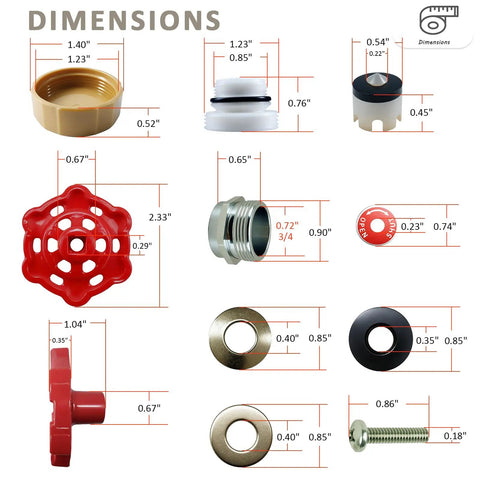 Outdoor Faucet Repair Kit with Anti Siphon Frostproof Valve and Vacuum Breaker for VACVBKX1B, dimensions of components shown
