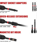 21 Piece Magnetic Nut Driver Set With One Quarter Inch Drive Must Have All In One Kit Metric And SAE Nut Drivers Impact Socket Adapters Quick Release Bit Holder And Durable Storage Bag For Easy Organization including impact socket adapters and quick-release extensions.
