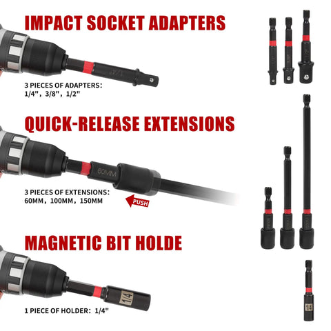 21 Piece Magnetic Nut Driver Set With One Quarter Inch Drive Must Have All In One Kit Metric And SAE Nut Drivers Impact Socket Adapters Quick Release Bit Holder And Durable Storage Bag For Easy Organization including impact socket adapters and quick-release extensions.