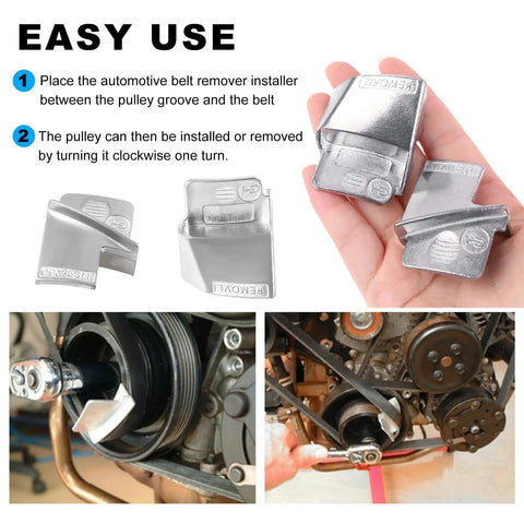 Two Pack Stretch Belt Remover And Installer Tool Kit for quick belt change on vehicles, featuring alloy steel tools in use.
