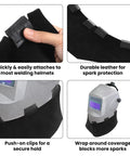 2 Pack Heat Resistant Leather Welding Neck Guards Wrap Around Bib Covers For Most Helmets, Protect Ya Neck With Tough Cowhide Hood Shield Against Sparks And Splatter, Heavy Duty Welding Accessory showing attachment and coverage