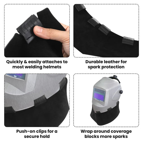 2 Pack Heat Resistant Leather Welding Neck Guards Wrap Around Bib Covers For Most Helmets, Protect Ya Neck With Tough Cowhide Hood Shield Against Sparks And Splatter, Heavy Duty Welding Accessory showing attachment and coverage