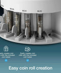 Fast USD Coin Counter And Sorter That Quickly Value Counts Mixed Denominations And Sorts By Denomination Continuous Money Counting Machine with coin roll tubes.