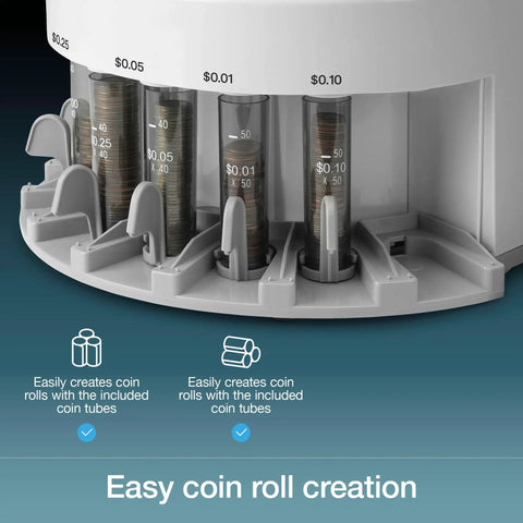 Fast USD Coin Counter And Sorter That Quickly Value Counts Mixed Denominations And Sorts By Denomination Continuous Money Counting Machine with coin roll tubes.