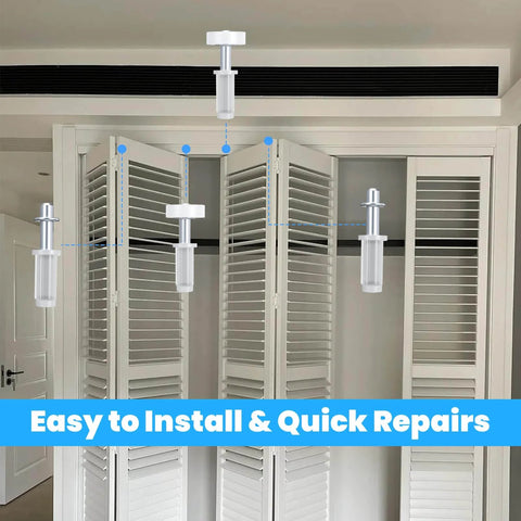 Installed Six Piece BiFold Door Top Roller Guide Wheel And Top Pivot Spring Loaded Bifold Door Hardware Repair Kit on closet