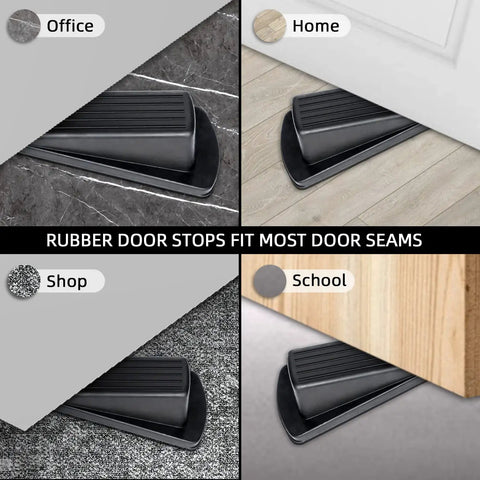 Four Pack Premium Rubber Door Stoppers Wedge Set For Carpet Tile Concrete And Wood Floors Heavy Duty Non Slip Door Wedges in use