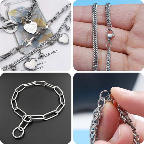 Four images showing silver-tone chains, bracelets, and connectors for jewelry making. Chains visible on hand and in close-ups.