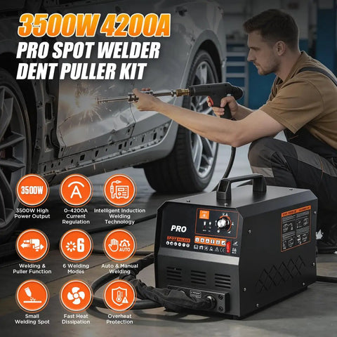 Technician using Beefy 3500W 4200A Stud Welder Dent Repair Kit on car body with six welding modes.
