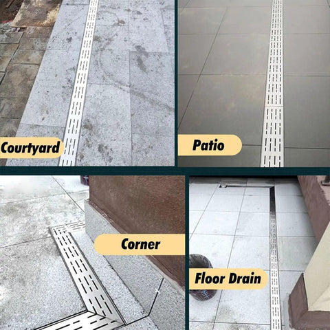 Durable 304 Stainless Steel Trench Drain Kit For Outdoor Driveways, Gardens, And Sidewalks installed in various areas