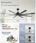 Massive 84 Inch Industrial Ceiling Fan With DC Motor, 8 Reversible Aluminum Blades, 3 Downrods, Dimensions Shown, Black