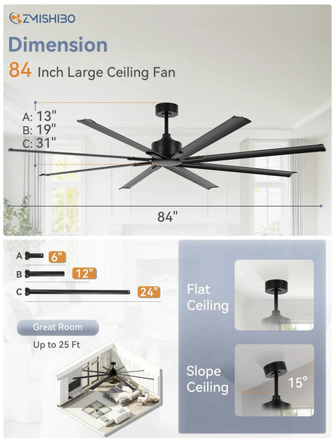 Massive 84 Inch Industrial Ceiling Fan With DC Motor, 8 Reversible Aluminum Blades, 3 Downrods, Dimensions Shown, Black
