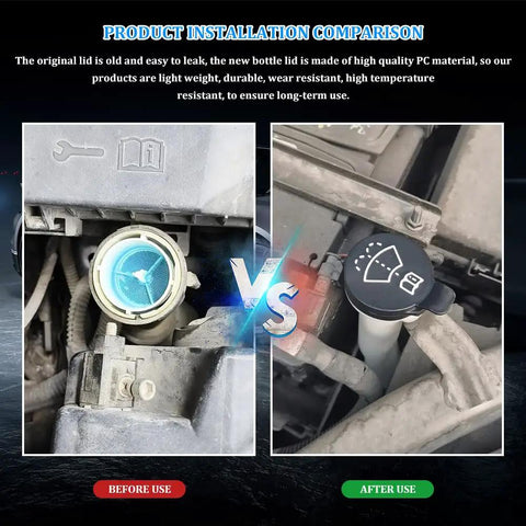 Product installation comparison of Windshield Washer Fluid Reservoir Cap Replacement For Chevy GMC Buick Cadillac, showing before and after use.