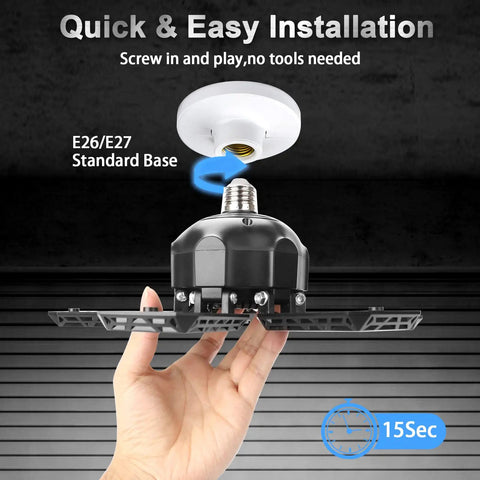 Ultra Bright 240W LED Garage Ceiling Light Fixture being installed with E26/E27 standard base, showcasing ease of installation.