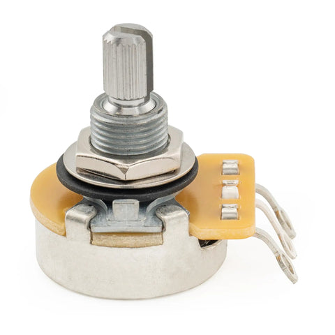 Close-up of Split Shaft 3/8 Inch 500K Linear Taper Potentiometer for Electric Guitars and Basses, showing split shaft design