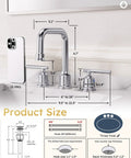 Chrome Widespread Bathroom Faucet 8 Inch Centers 3 Piece Vanity Set With Adjustable 360 Degree Swivel Spout Modern Lavatory Faucet Lead Free Water Supply Lines Quick Install product size diagram with dimensions and installation guide.