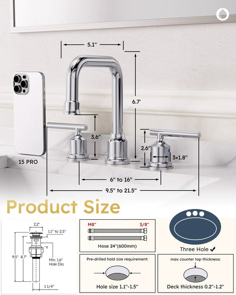Chrome Widespread Bathroom Faucet 8 Inch Centers 3 Piece Vanity Set With Adjustable 360 Degree Swivel Spout Modern Lavatory Faucet Lead Free Water Supply Lines Quick Install product size diagram with dimensions and installation guide.