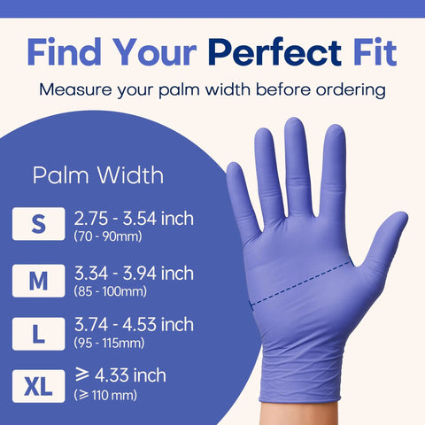Large Powder Free Latex Free Nitrile Exam Gloves Legit Top Grade Comfort And Snap Tight Grip For Clinical Work or Daily Tasks With Solid Tactile Feedback And No Sweat Easy Removal measurement guide with palm width sizes.