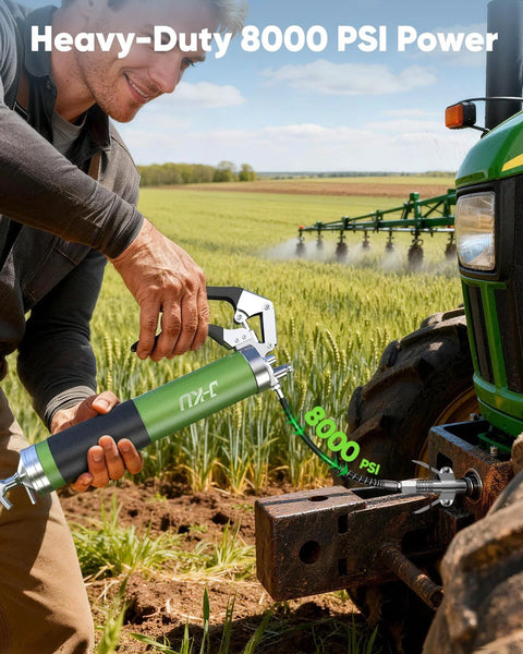 J-KU grease gun, 14 oz manual pistol-grip, green/black with flexible hose, 8000 PSI, for tractor use.