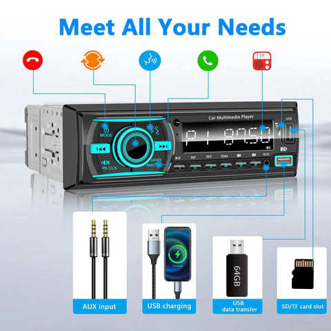 Bluetooth Single Din Car Stereo With Hands Free Calling, 7 LED Color Ambient Lighting, FM AUX SD, Dual USB Ports, LCD Display.