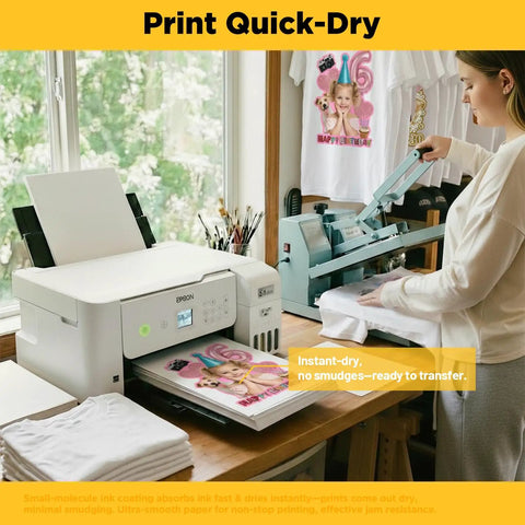 Woman using light fabric printable heat transfer paper for inkjet and laser printers 10 sheets 8 by 11 inches on T-shirt
