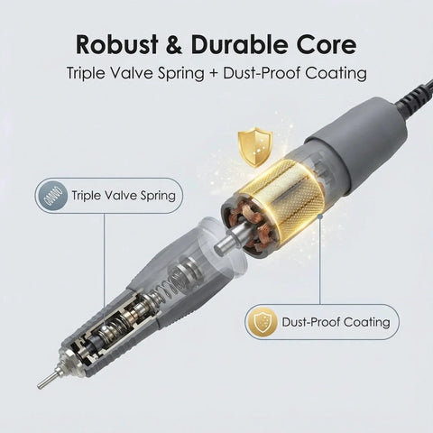 Versatile Micromotor Handpiece 0 To 35,000 RPM For Wood Carving, Silicone, Glasswork, Ceramics, Jewelry And DIY Crafts, Low Vibration, Smooth Control, Durable Build, Compatible With Marathon Control Box, cutaway view of triple valve spring and dust-proof coating