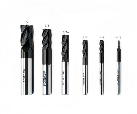 Assorted carbide end mills including Carbide Square End Mill 4 Flute Diameter One Sixteenth Inch displayed in various sizes.