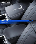 Before and after installation of Armrest Cover For 2022 2023 2024 2025 Mitsubishi Outlander SE Black Edition SEL Center Console.