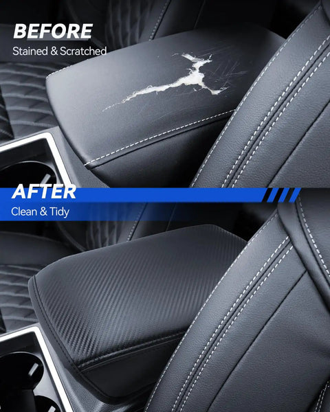 Before and after installation of Armrest Cover For 2022 2023 2024 2025 Mitsubishi Outlander SE Black Edition SEL Center Console.