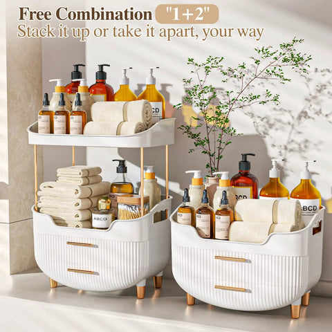 Four Tier White Makeup Organizer With Sleek Gold Handles Is A Total Game Changer For Bathroom Counter Storage Keeps Cosmetics Tidy Effortlessly And Never Misses The Mark, showcasing stacked design with toiletries.