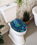 Round Toilet Seat Replacement for Bathroom with peacock design on a white toilet bowl in a decorated bathroom.