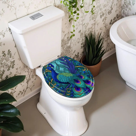 Round Toilet Seat Replacement for Bathroom with peacock design on a white toilet bowl in a decorated bathroom.