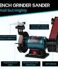 Rock Solid Bench Grinder And Belt Sander Combo With A Tough Induction Motor featuring adjustable tool rests and eyeshield.