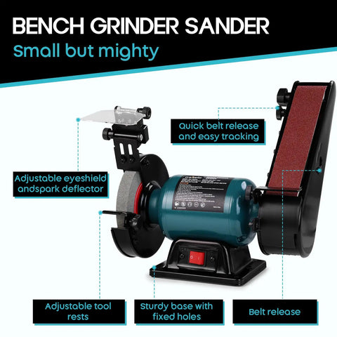 Rock Solid Bench Grinder And Belt Sander Combo With A Tough Induction Motor featuring adjustable tool rests and eyeshield.
